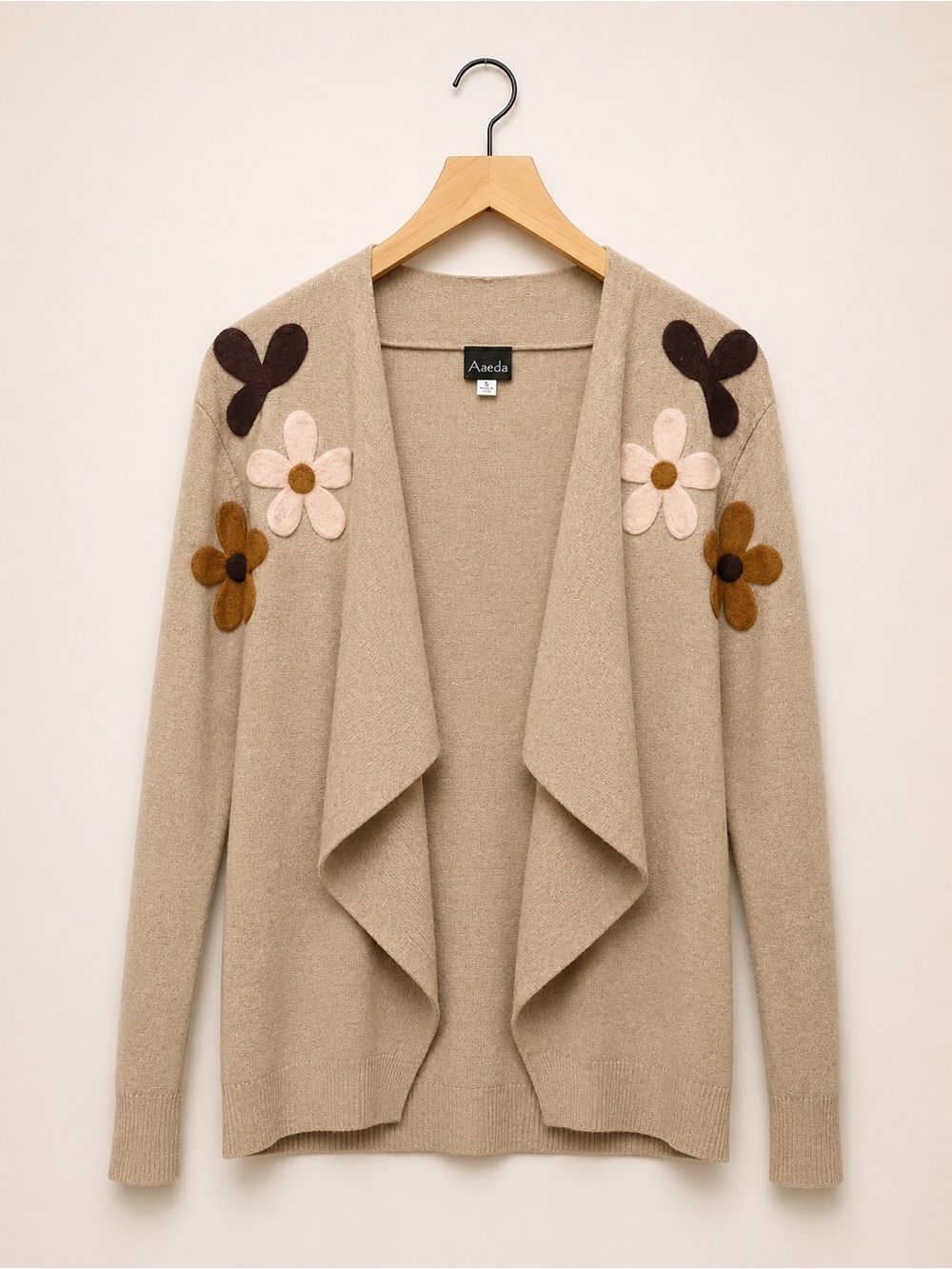 Aaeda Beige Floral-Appliqué Open Cardigan